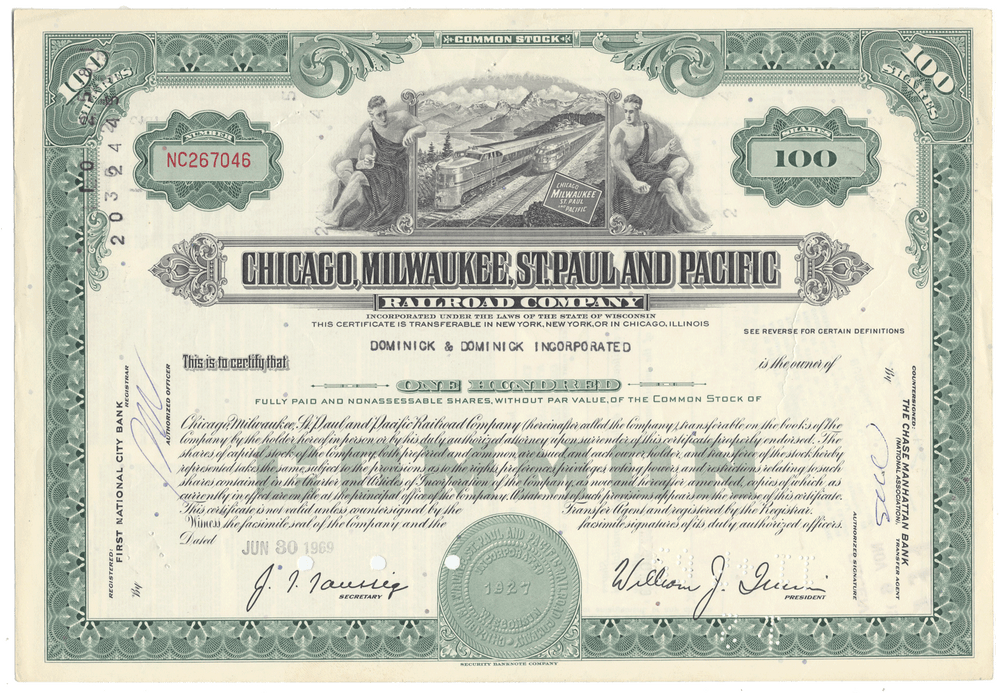 Historical stock certificate of the Chicago, Milwaukee, St. Paul and Pacific Railroad Company.