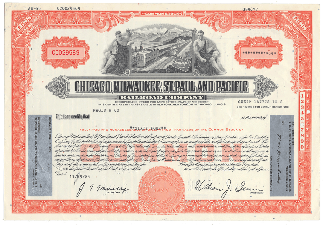 Historical stock certificate of the Chicago, Milwaukee, St. Paul and Pacific Railroad Company.