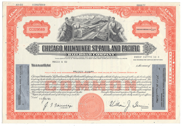 Historical stock certificate of the Chicago, Milwaukee, St. Paul and Pacific Railroad Company.