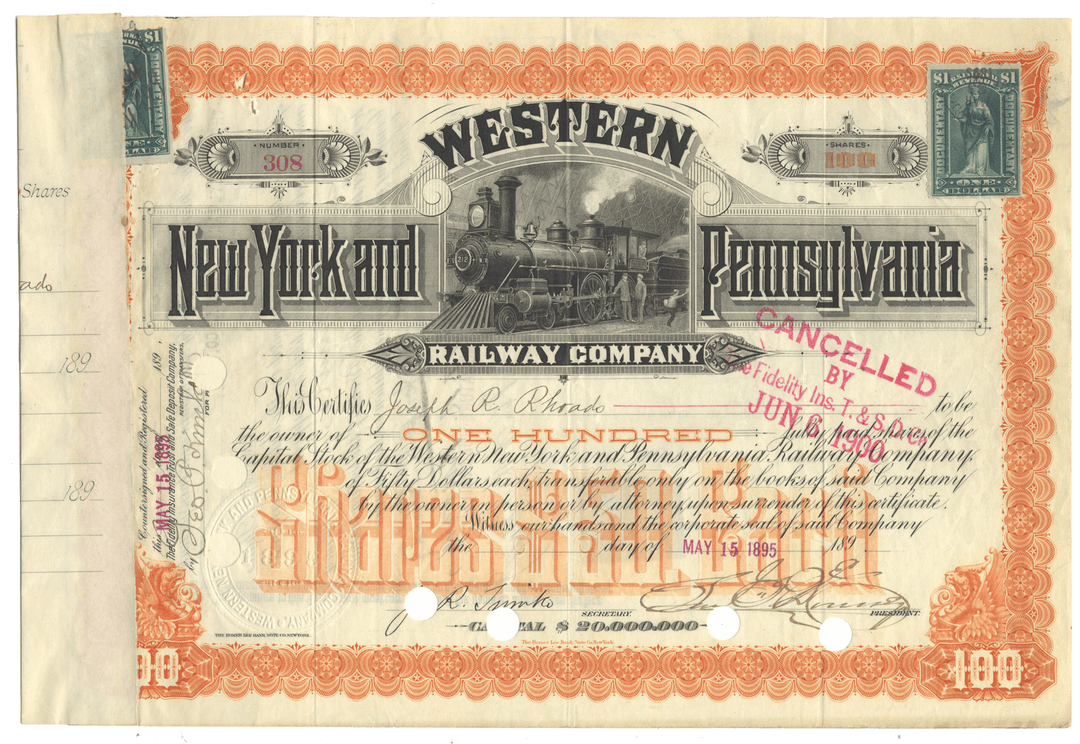 Western New York and Pennsylvania Railway Stock Certificate from 1895