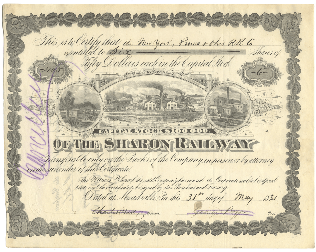 Sharon Railway stock certificate from 1881 with decorative elements