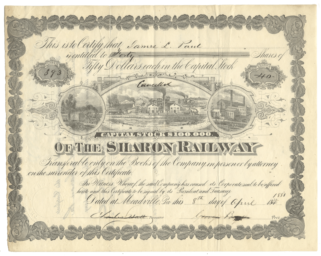 Vintage stock certificate of the Sharon Railway from 1881