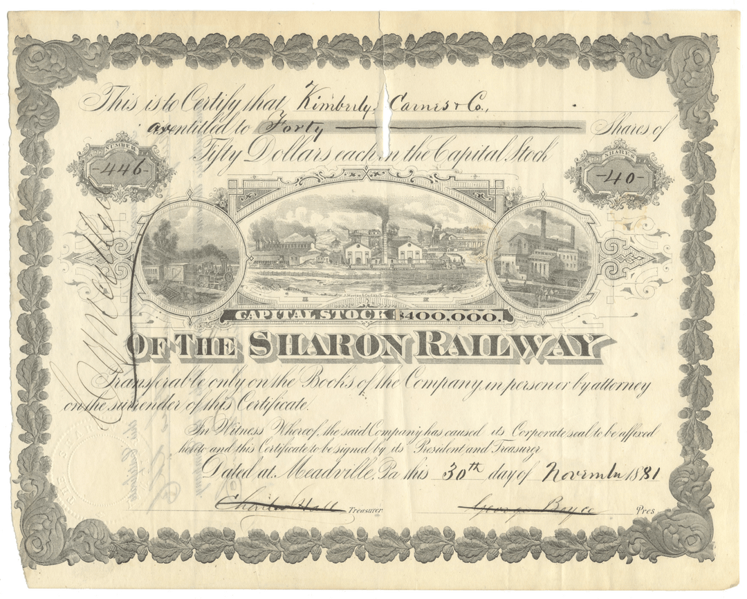 Vintage stock certificate for the Sharon Railway from 1881