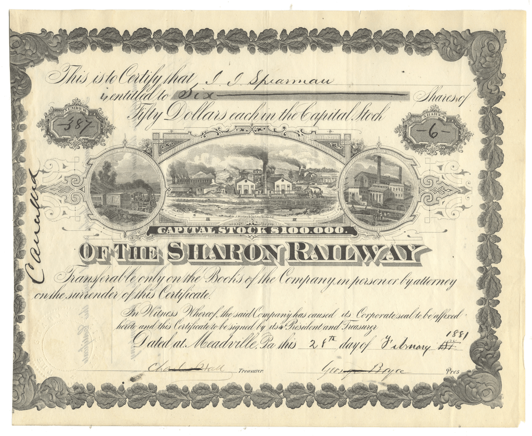 Vintage stock certificate for the Sharon Railway from 1881