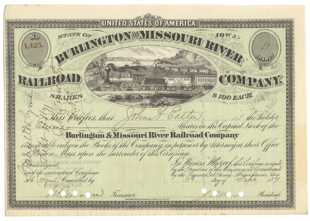 Historical stock certificate of the Burlington & Missouri River Railroad Company with a steam locomotive illustration.