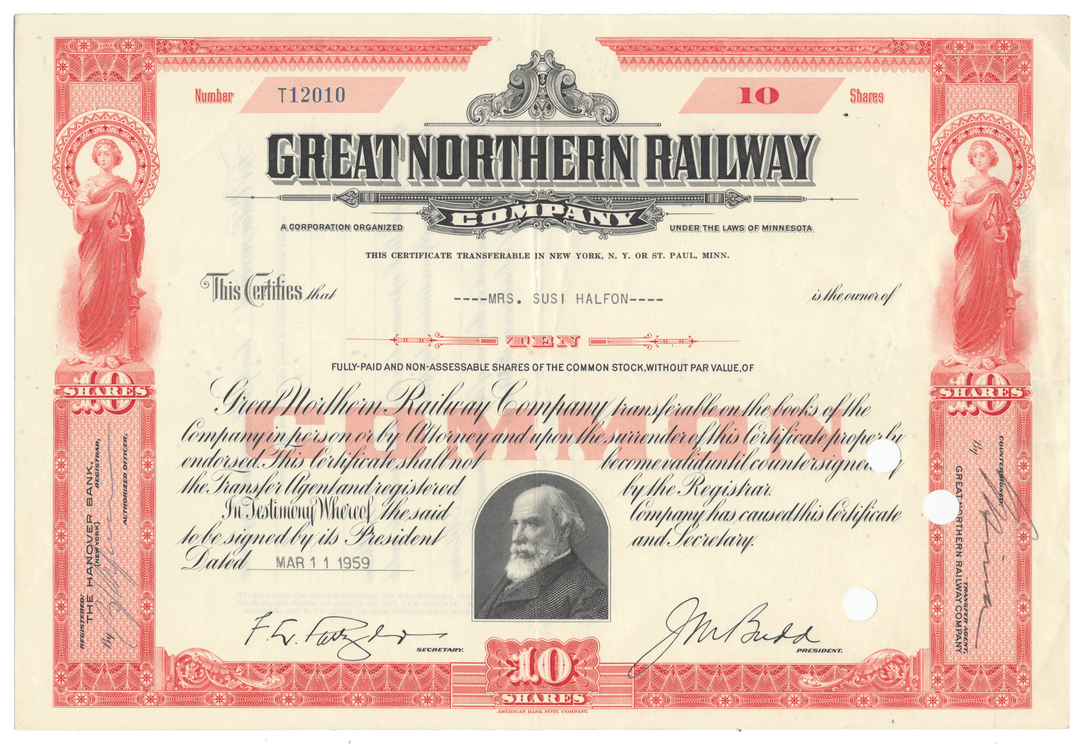 Great Northern Railway Company stock certificate from 1959