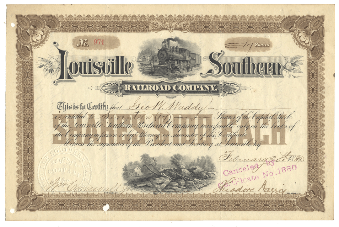 Stock certificate of the Louisville Southern Railroad Company with decorative elements and text.