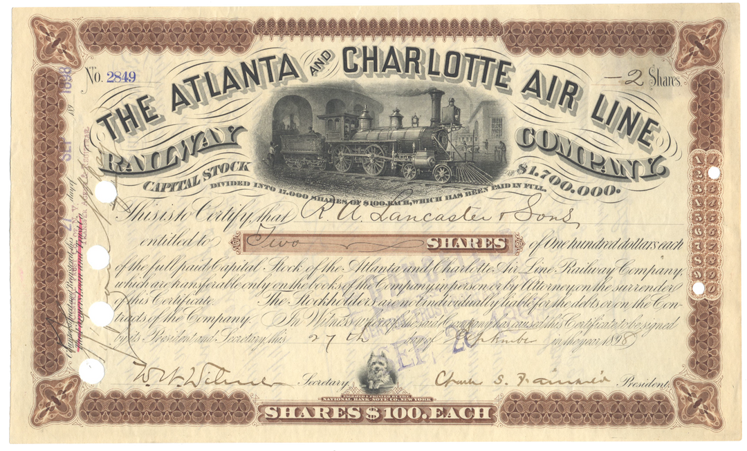 Atlanta & Charlotte Air Line Railway Company Stock Certificate