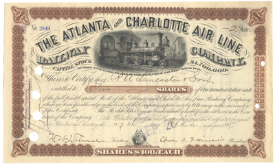 Atlanta & Charlotte Air Line Railway Company Stock Certificate