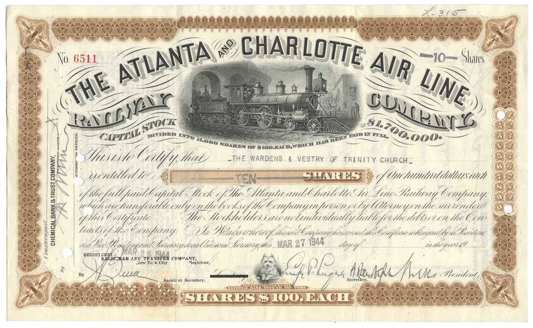 Atlanta & Charlotte Air Line Railway Company Stock Certificate
