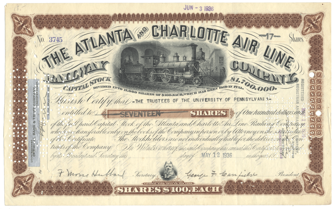 Atlanta & Charlotte Air Line Railway Company Stock Certificate