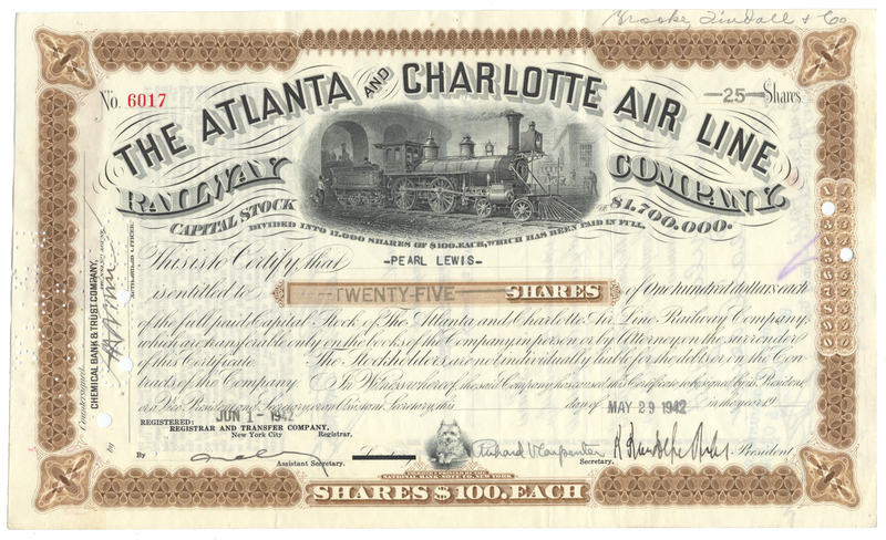Atlanta & Charlotte Air Line Railway Company Stock Certificate