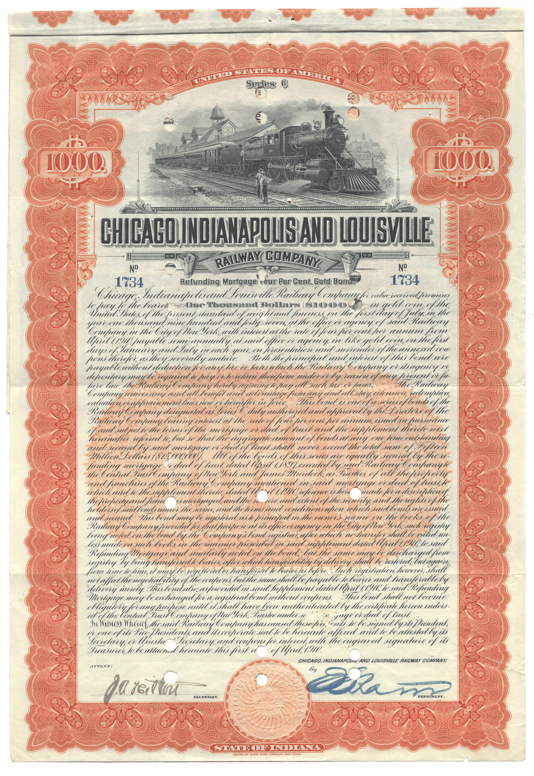 Historical bond certificate for the Chicago, Indianapolis and Louisville Railway Company