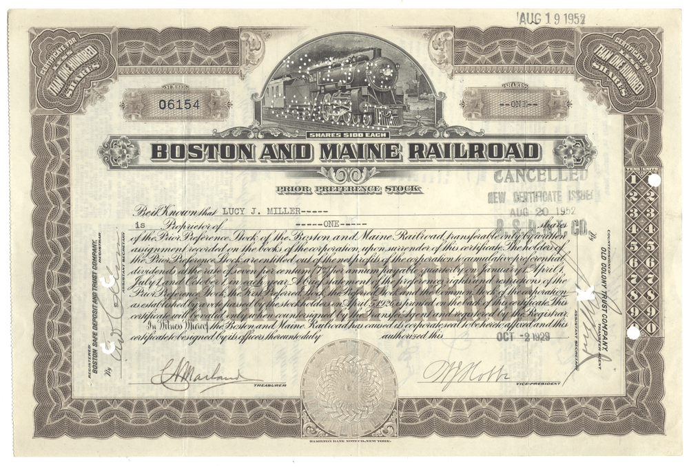Vintage Boston and Maine Railroad stock certificate with intricate design and text.