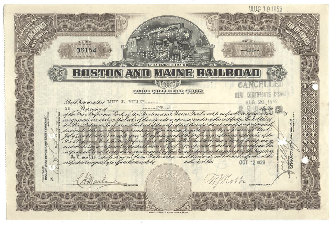 Vintage Boston and Maine Railroad stock certificate with intricate design and text.
