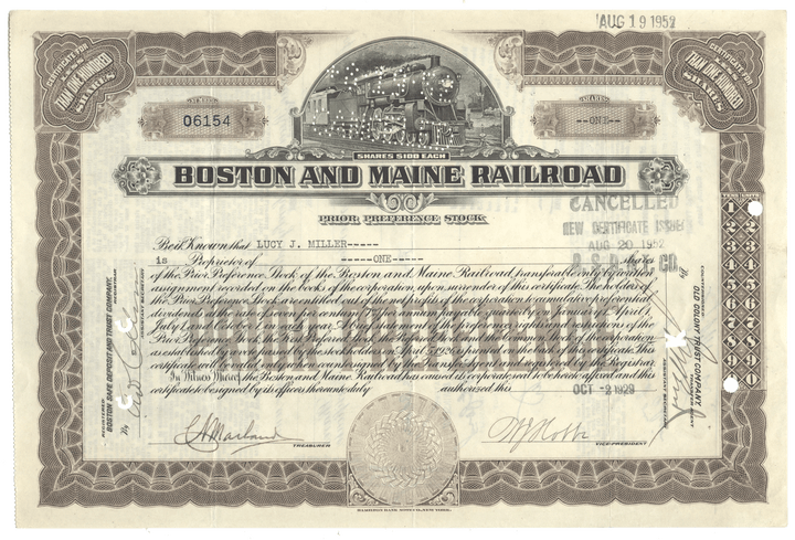 Vintage Boston and Maine Railroad stock certificate with intricate design and text.
