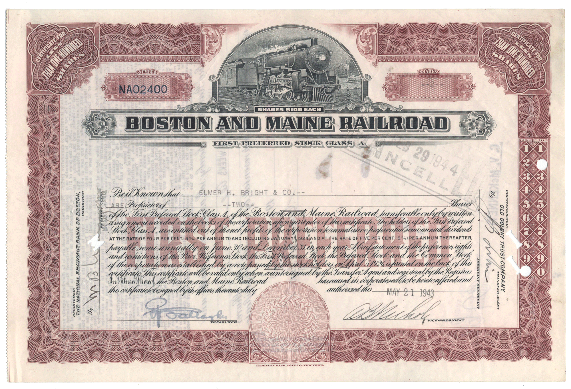 Boston and Maine Railroad stock certificate with train illustration
