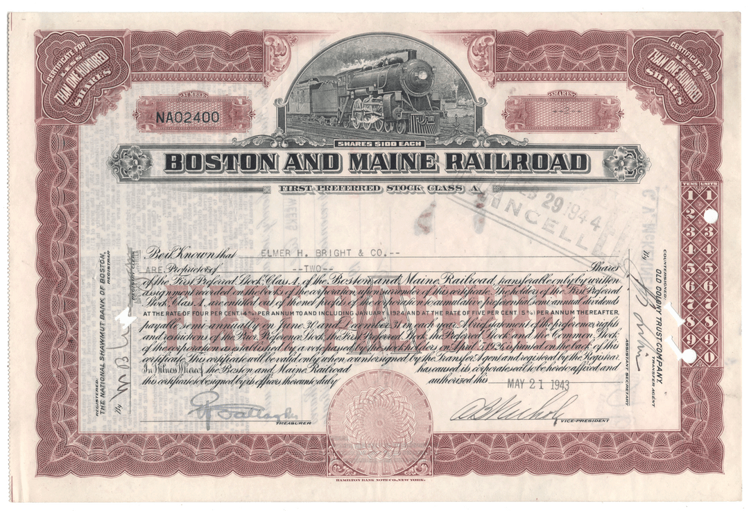 Boston and Maine Railroad stock certificate with train illustration