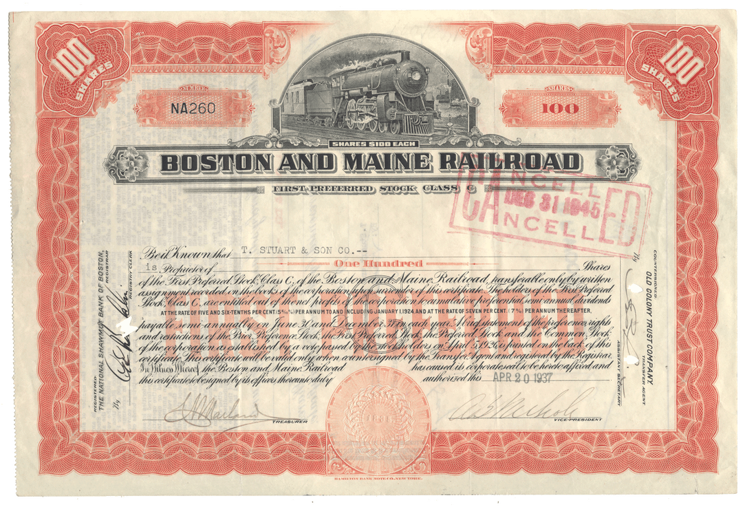 Boston and Maine Railroad stock certificate from 1937