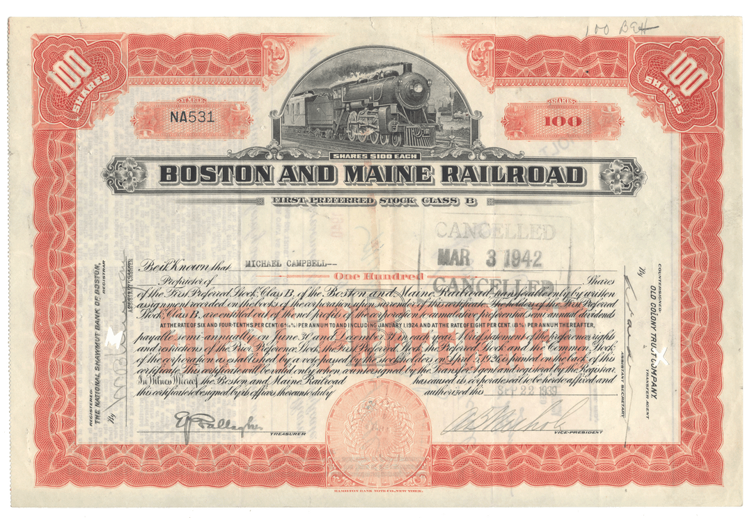 Boston and Maine Railroad stock certificate from 1939