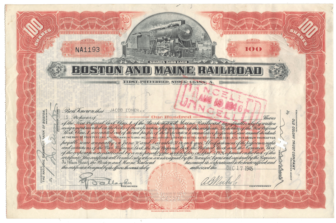 Boston and Maine Railroad stock certificate with red and black design
