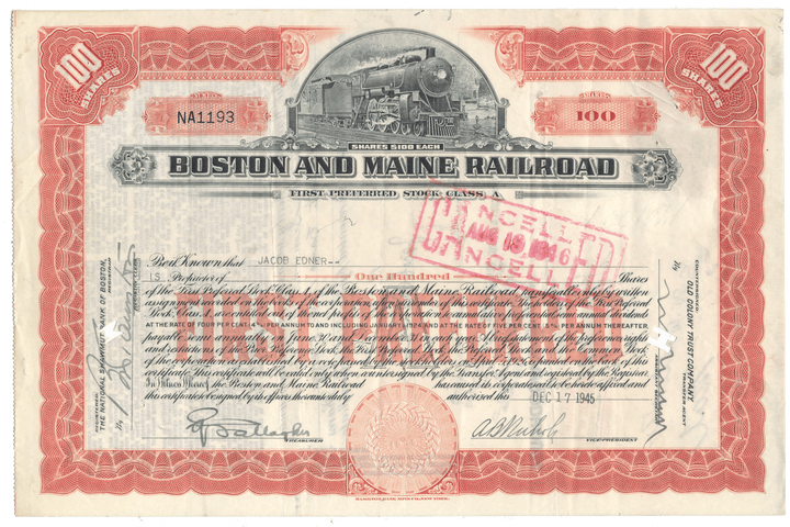 Boston and Maine Railroad stock certificate with red and black design