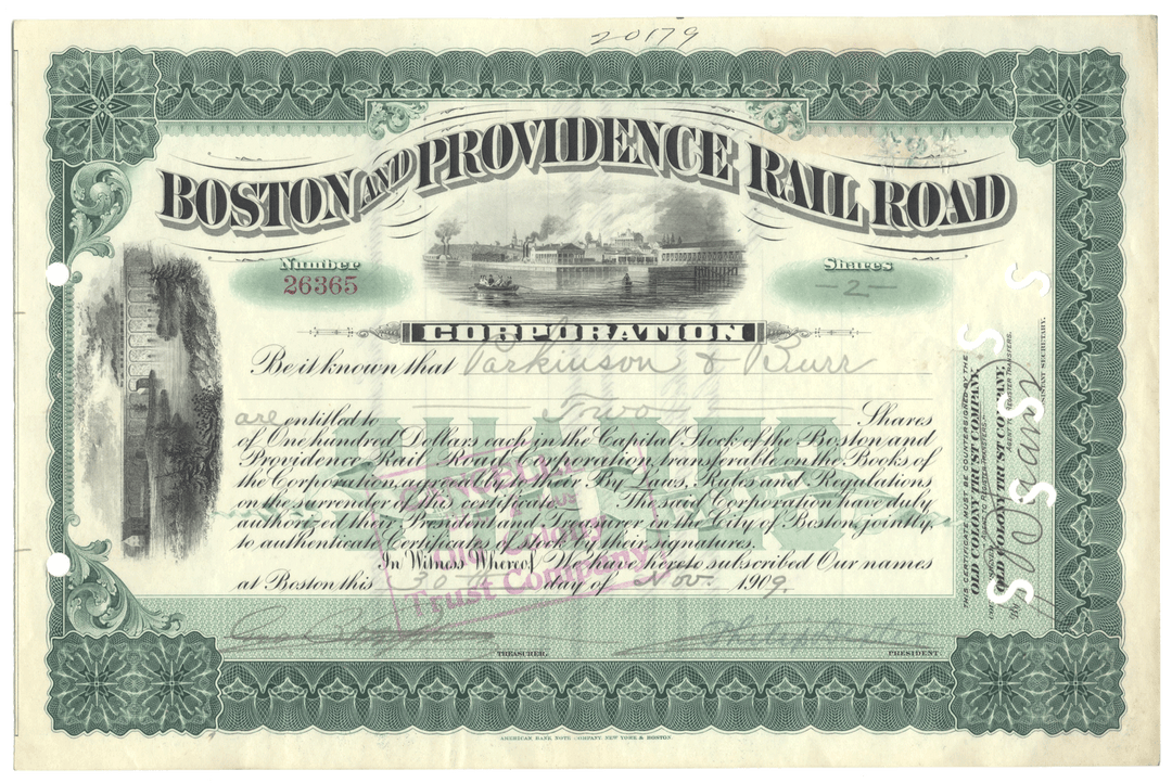 Historical stock certificate for the Boston and Providence Railroad Corporation with decorative elements.