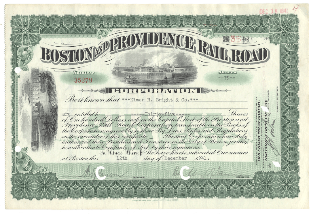 Historical stock certificate for the Boston and Providence Rail Road Corporation with ornate design elements.