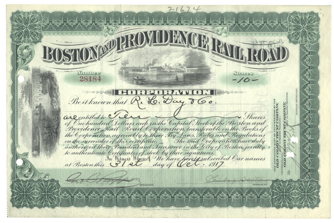 Vintage stock certificate for the Boston & Providence Rail Road Corporation with green and black design.