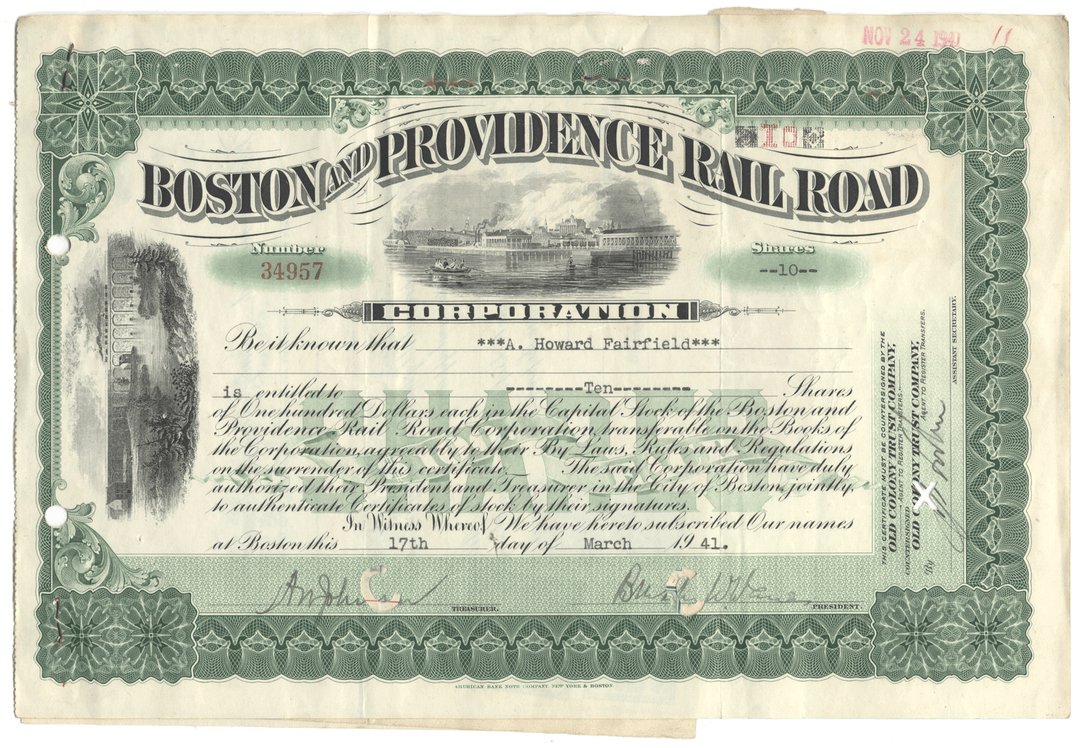 Historical stock certificate for the Boston and Providence Railroad Company with decorative elements.
