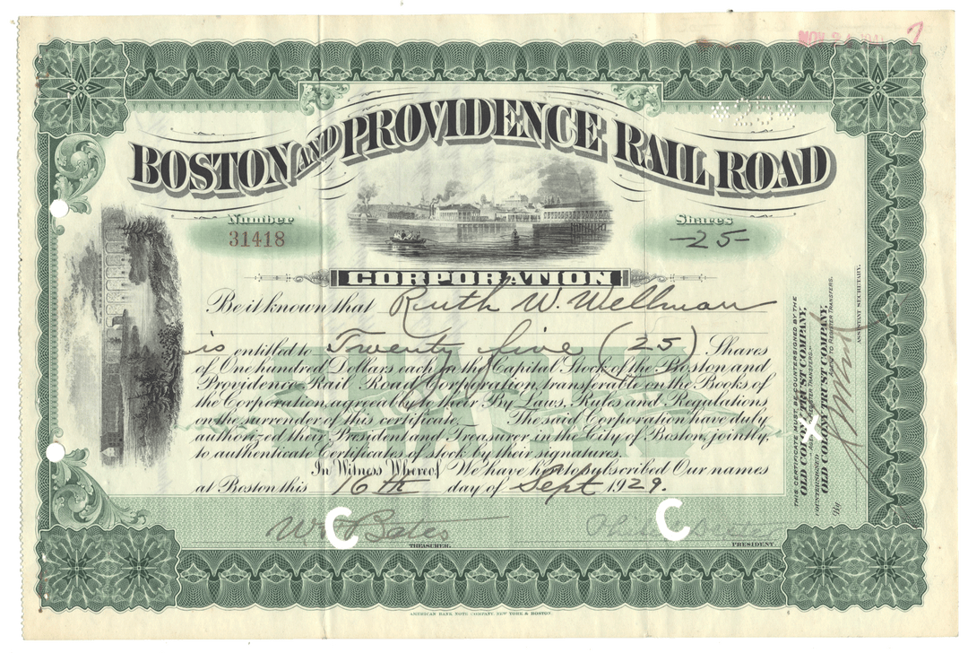 Boston and Providence Rail Road Corporation stock certificate from 1929