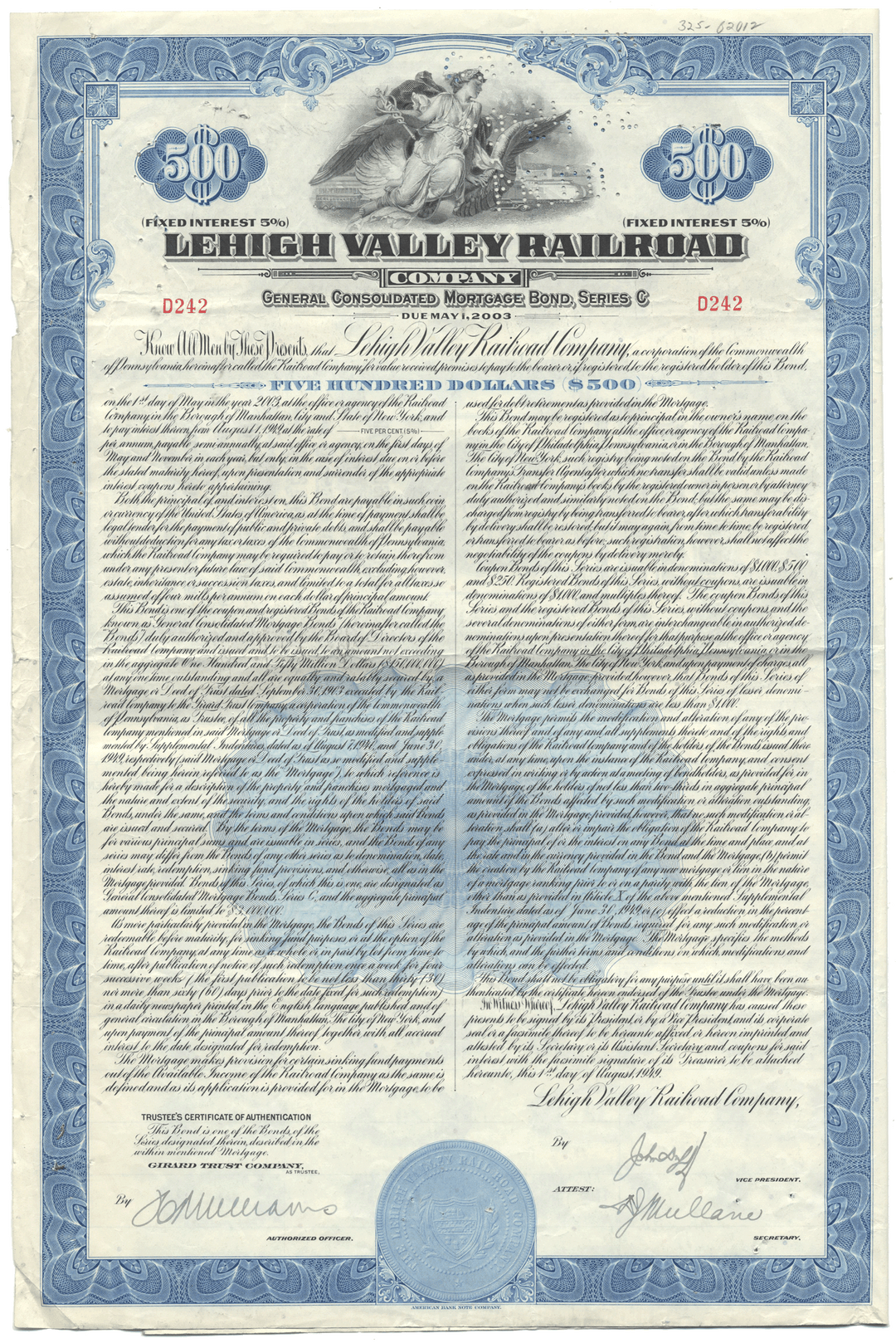 Lehigh Valley Railroad Company bond certificate with blue border and text.