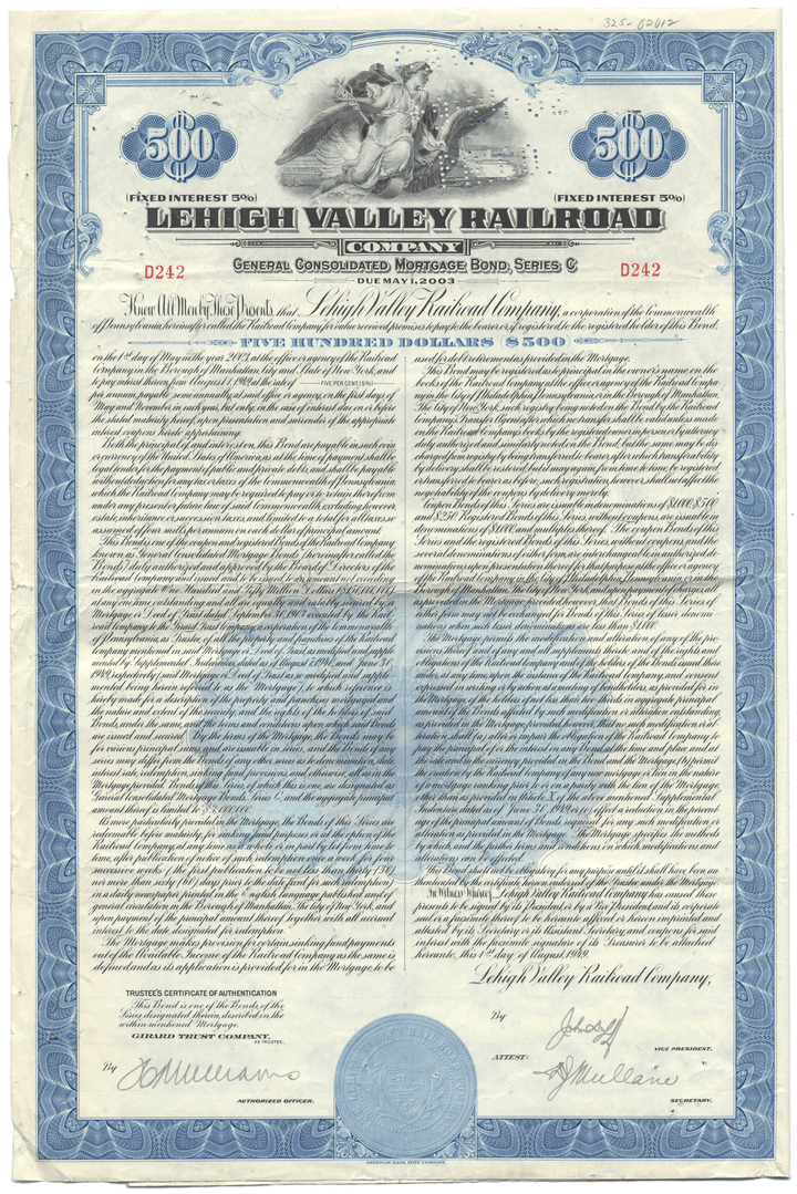 Lehigh Valley Railroad Company bond certificate with blue border and text.