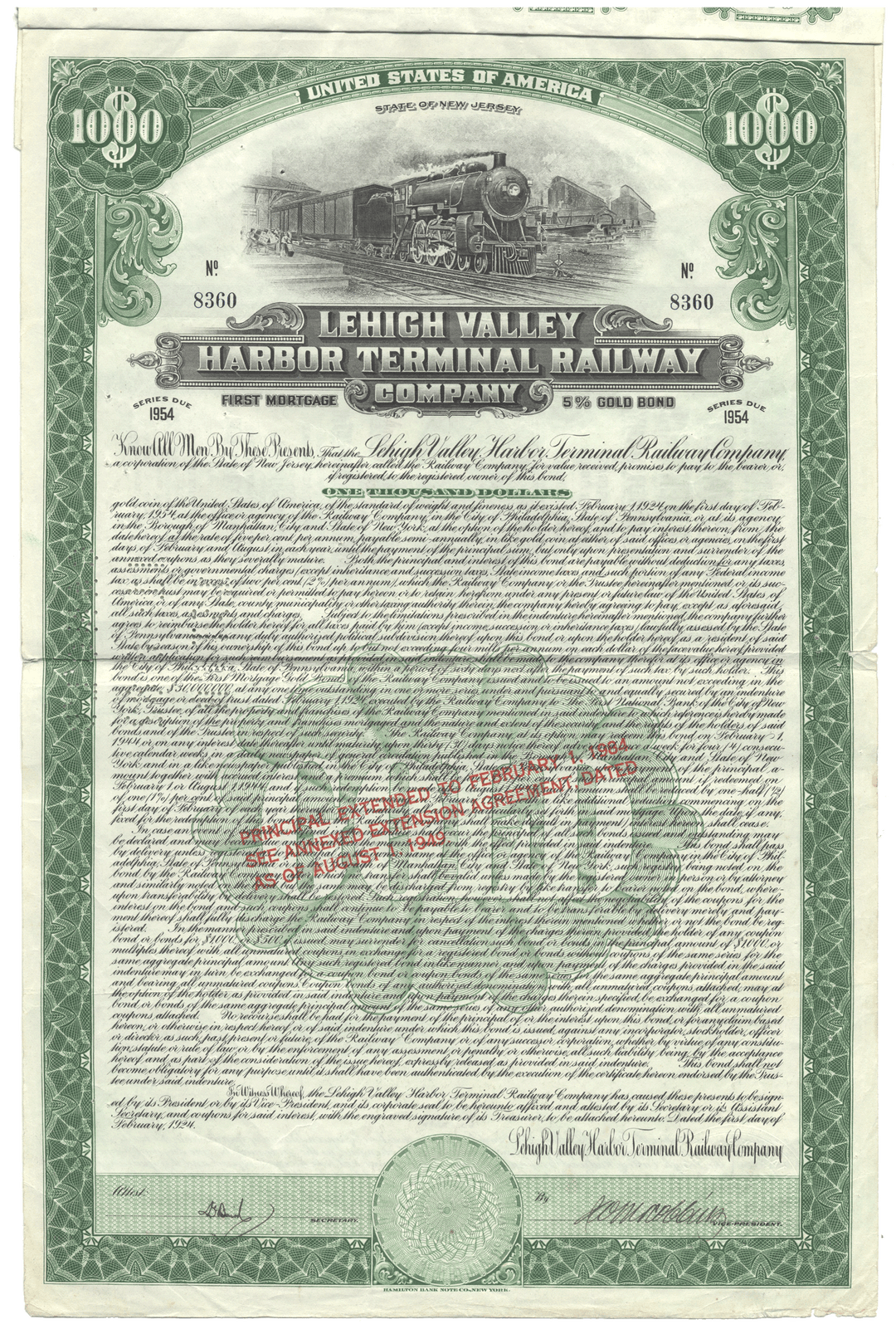 Lehigh Valley Harbor Terminal Railway Company Bond Certificate
