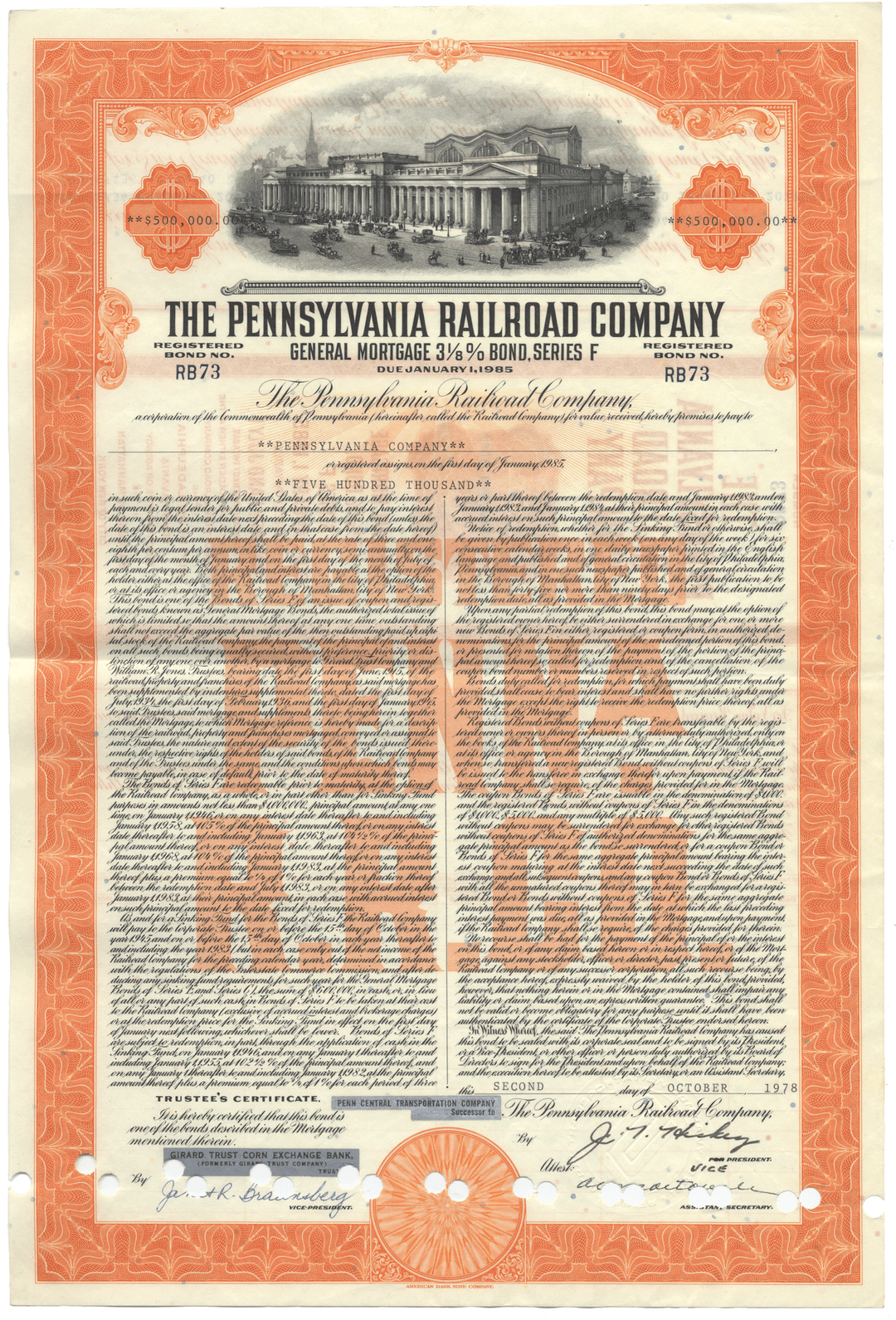 Historical document of The Pennsylvania Railroad Company with ornate design elements.