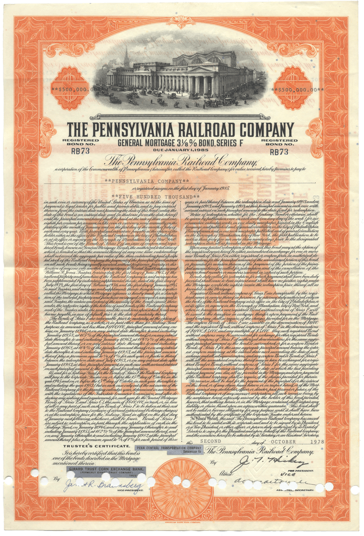 Historical document of The Pennsylvania Railroad Company with ornate design elements.