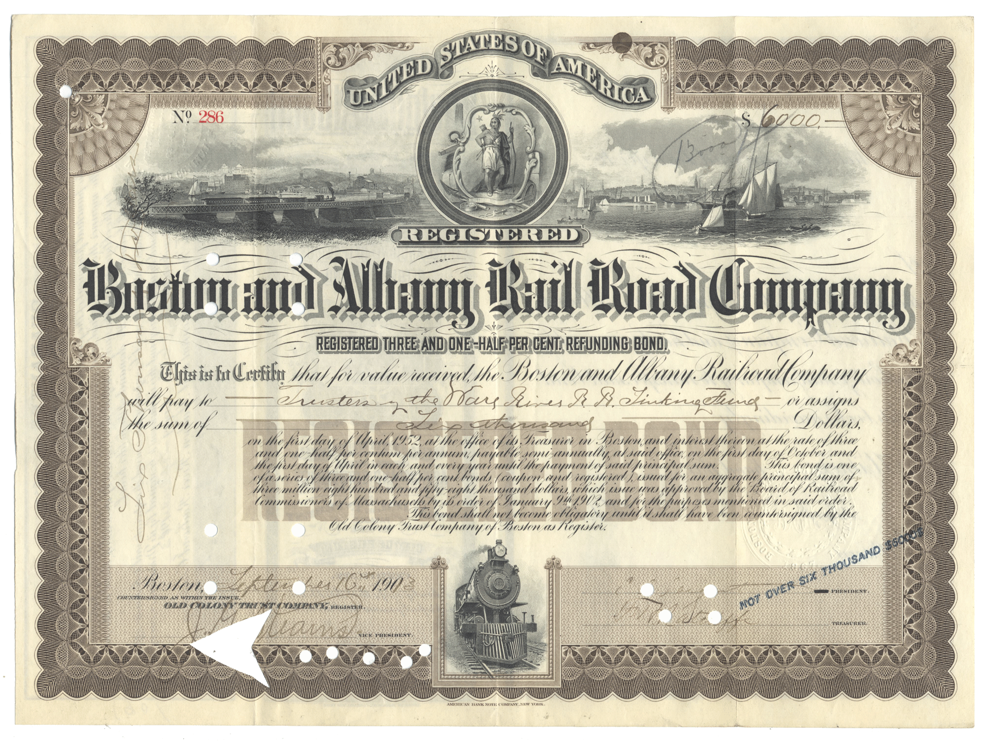 Historical bond certificate of the Boston and Albany Railroad Company from the early 1900's