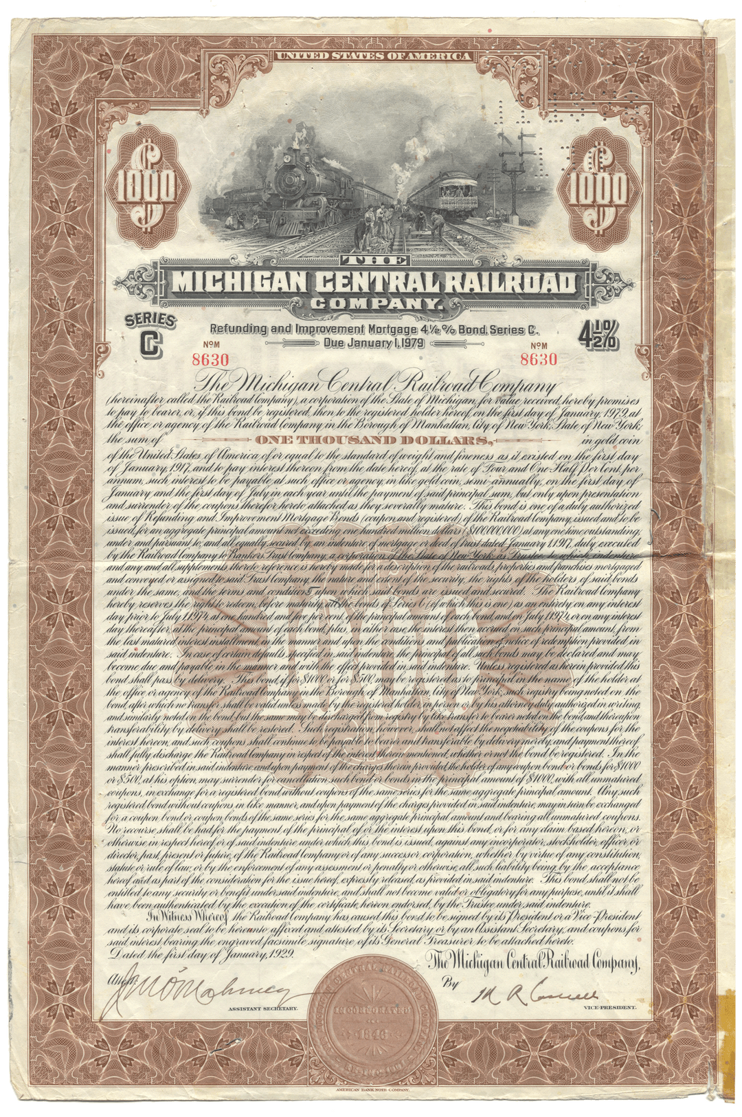 Historical bond certificate of the Michigan Central Railroad Company with a steam locomotive illustration.