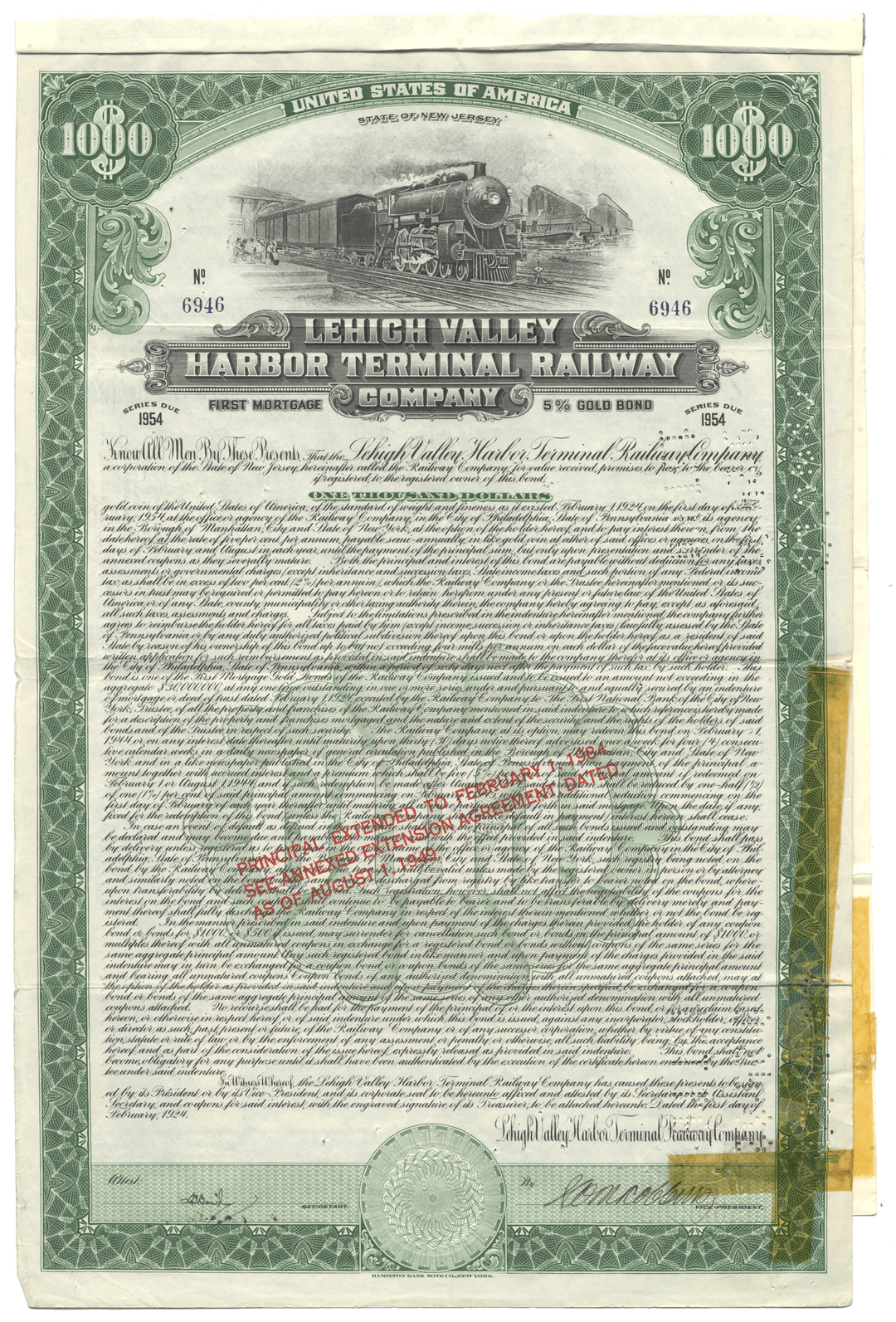 Lehigh Valley Harbor Terminal Railway Company bond certificate from 1924
