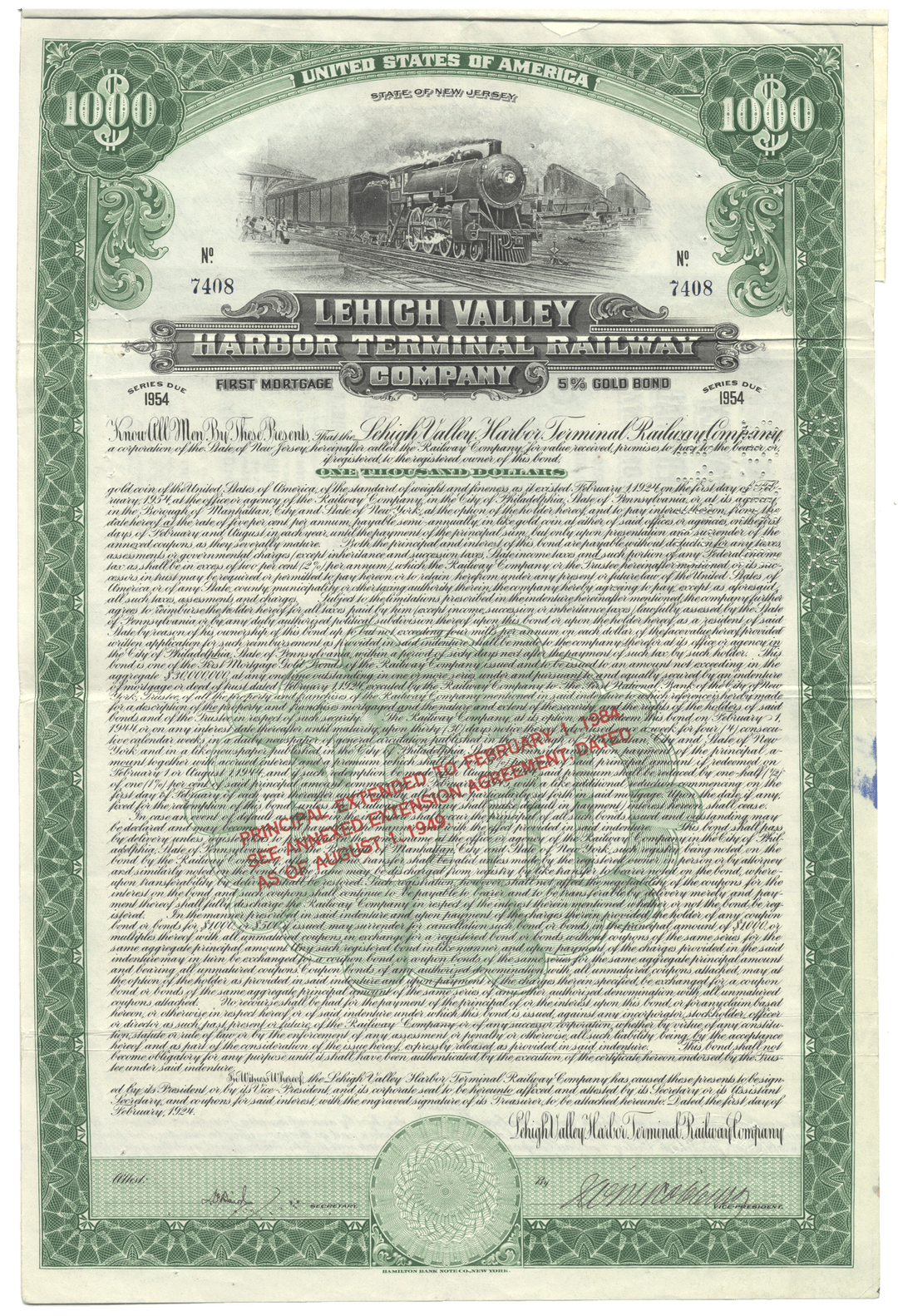 Historical bond certificate for Lehigh Valley Harbor Terminal Railway Company with a train illustration.