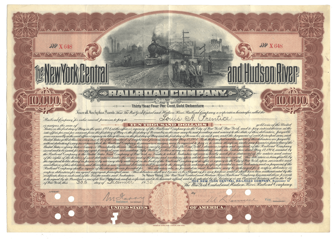 New York Central and Hudson River Railroad Company bond certificate from 1930