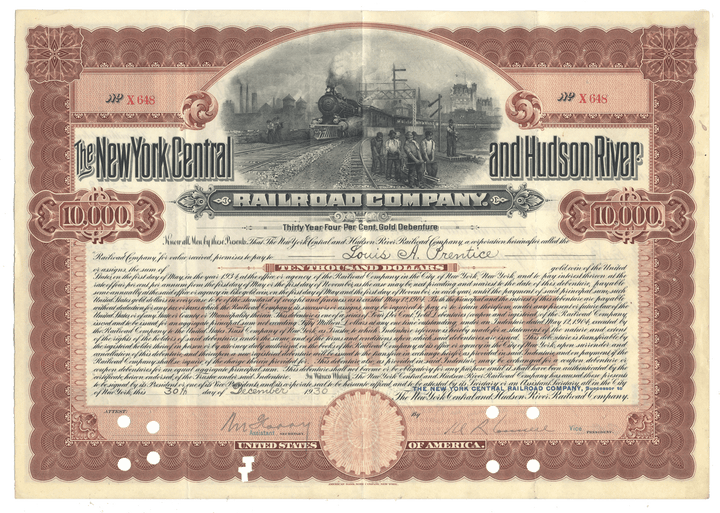 New York Central and Hudson River Railroad Company bond certificate from 1930