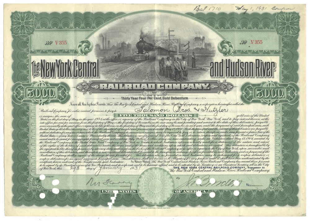 New York Central and Hudson River Railroad Company bond certificate from 1931