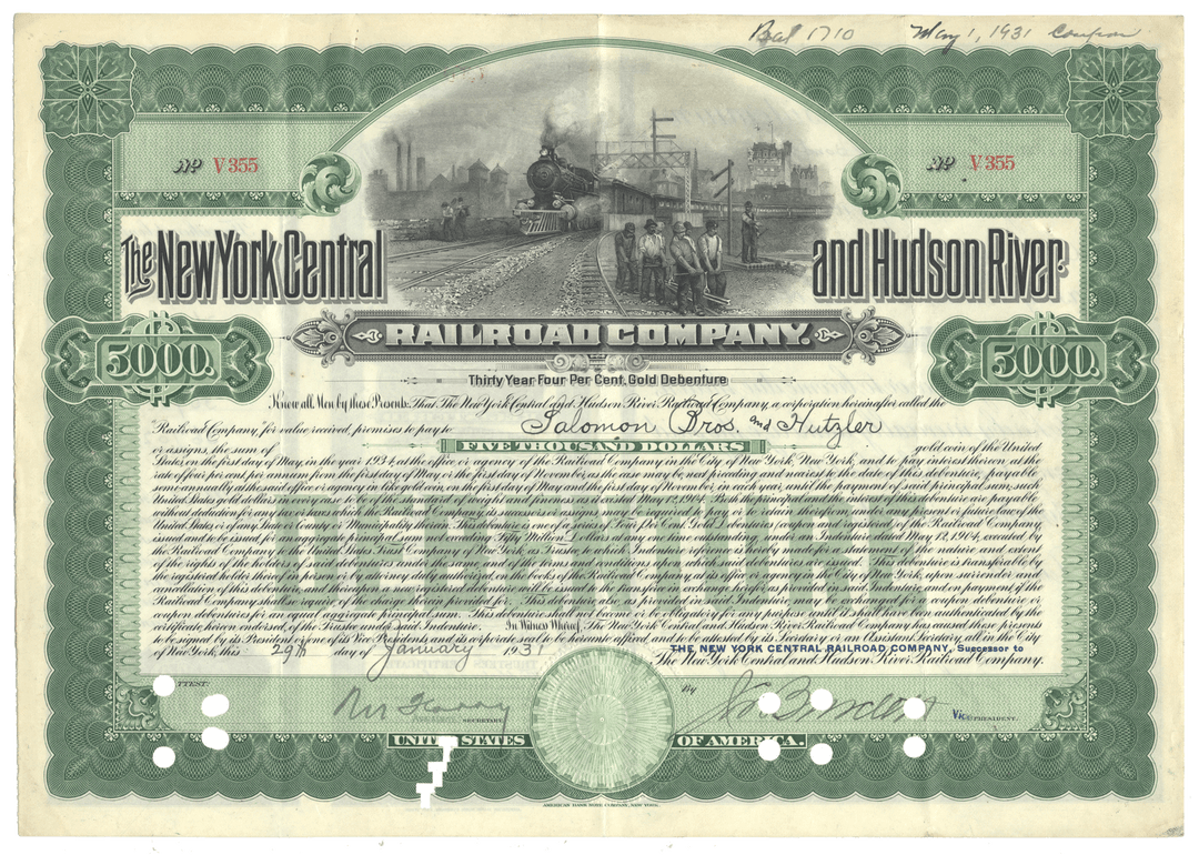 New York Central and Hudson River Railroad Company bond certificate from 1931