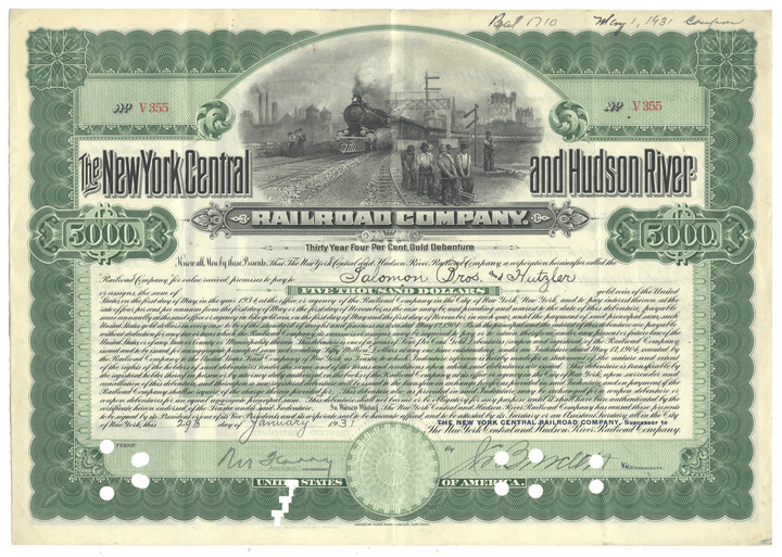 New York Central and Hudson River Railroad Company bond certificate from 1931