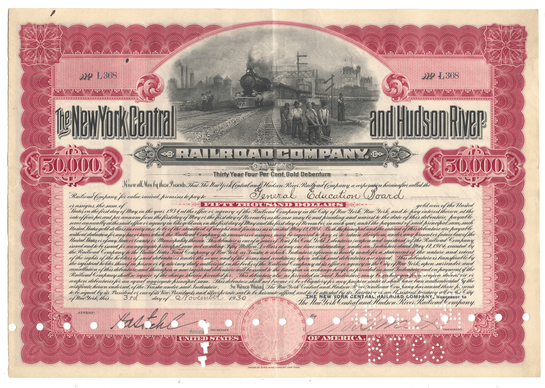 New York Central and Hudson River Railroad Company bond certificate from 1930