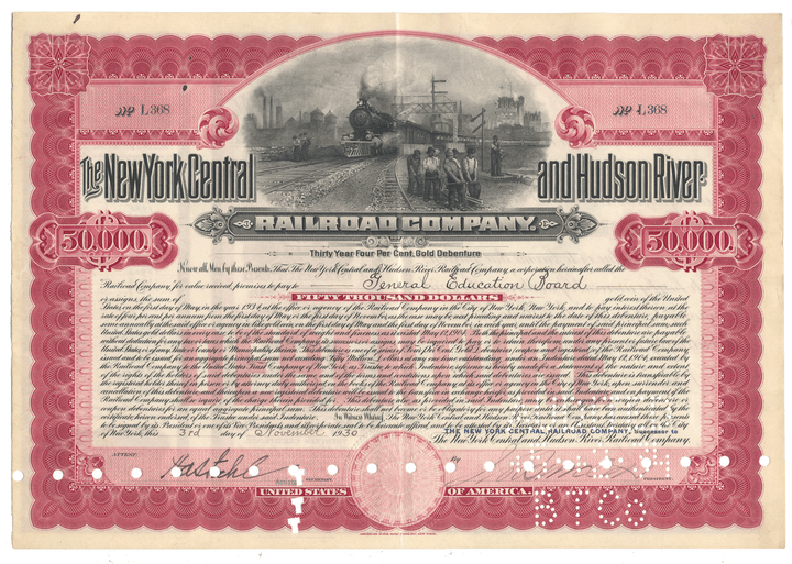 New York Central and Hudson River Railroad Company bond certificate from 1930