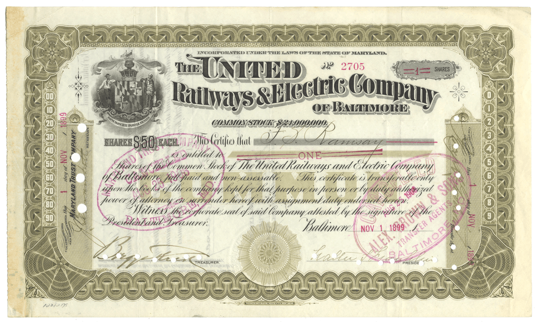 Historical stock certificate of the United Railways & Electric Company of Baltimore