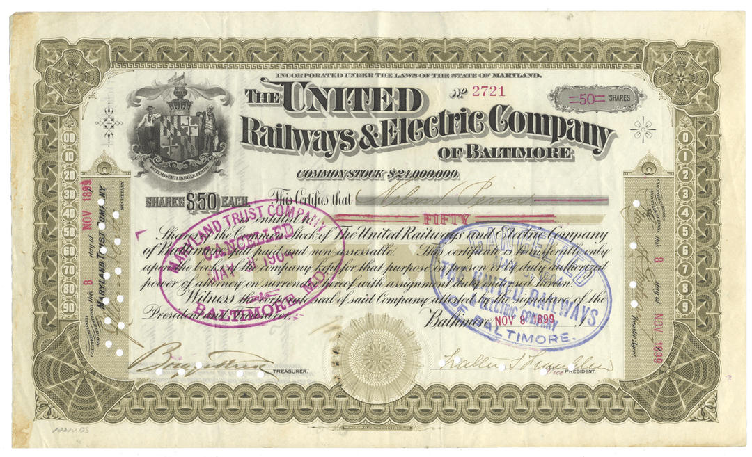 Historical stock certificate of The United Railways & Electric Company of Baltimore with decorative elements.