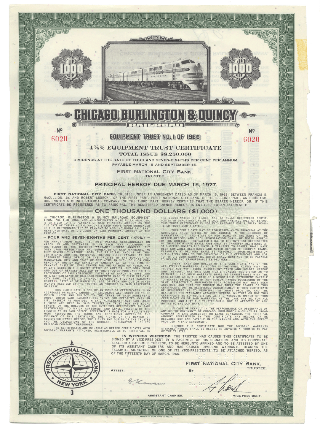 Vintage Chicago, Burlington & Quincy Railroad certificate with green border and train illustration.